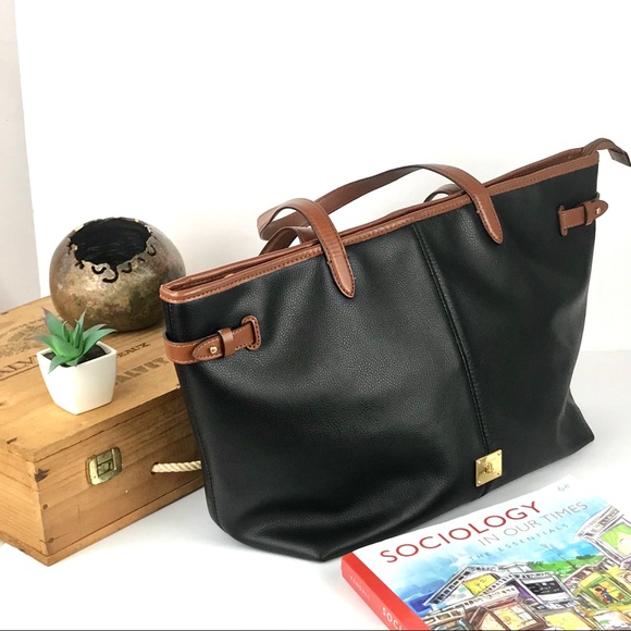 Lauren Ralph Lauren Handbags - Black Leather Tote with Zipper Ralph Lauren
